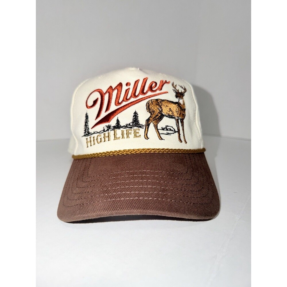 Miller High Life Hat Deer Buck Embroidered Rope Snapback Cream Brown Cotton NWT